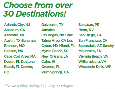 Choose from over 30 Destinations for your vacation package. 